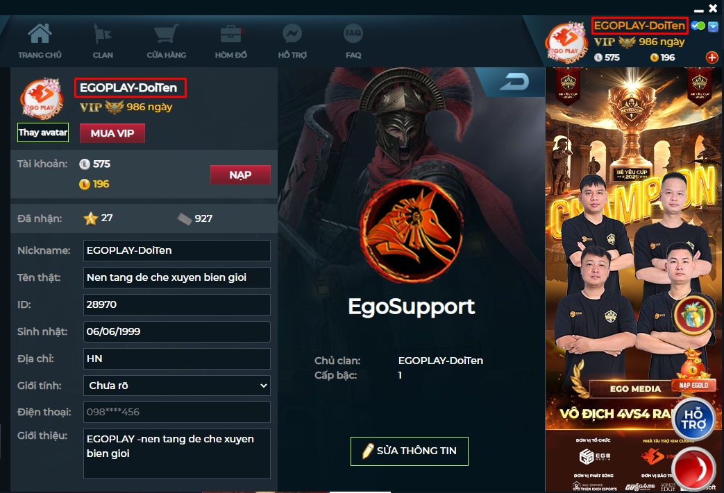 đổi nickname Egoplay